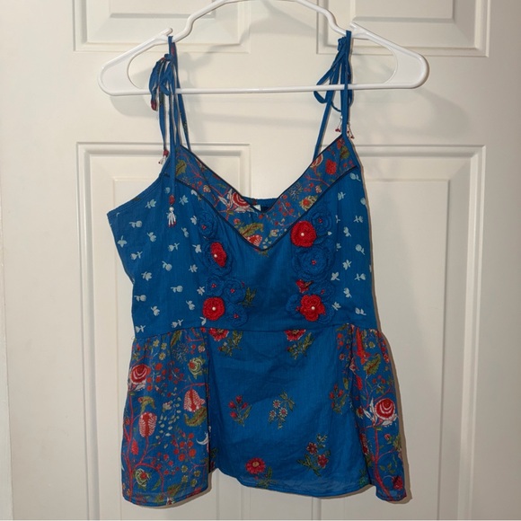Anthropologie Nikasha Blue Red Floral Crochet Babydoll Tank Top Size Medium - Picture 5 of 5